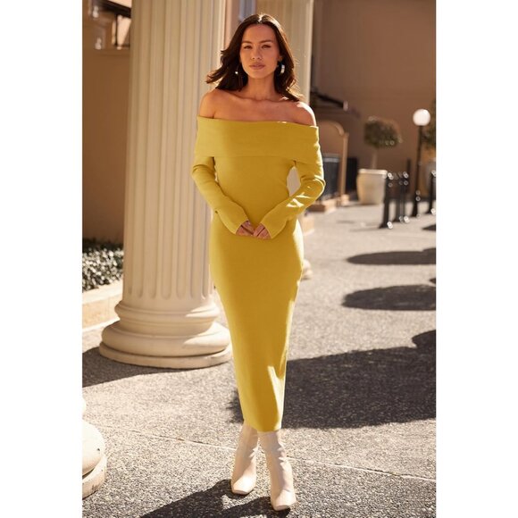 Women Off Shoulder Bodycon Sweater Dress Long Sleeve Party Midi Dress Ginger - Picture 9 of 9